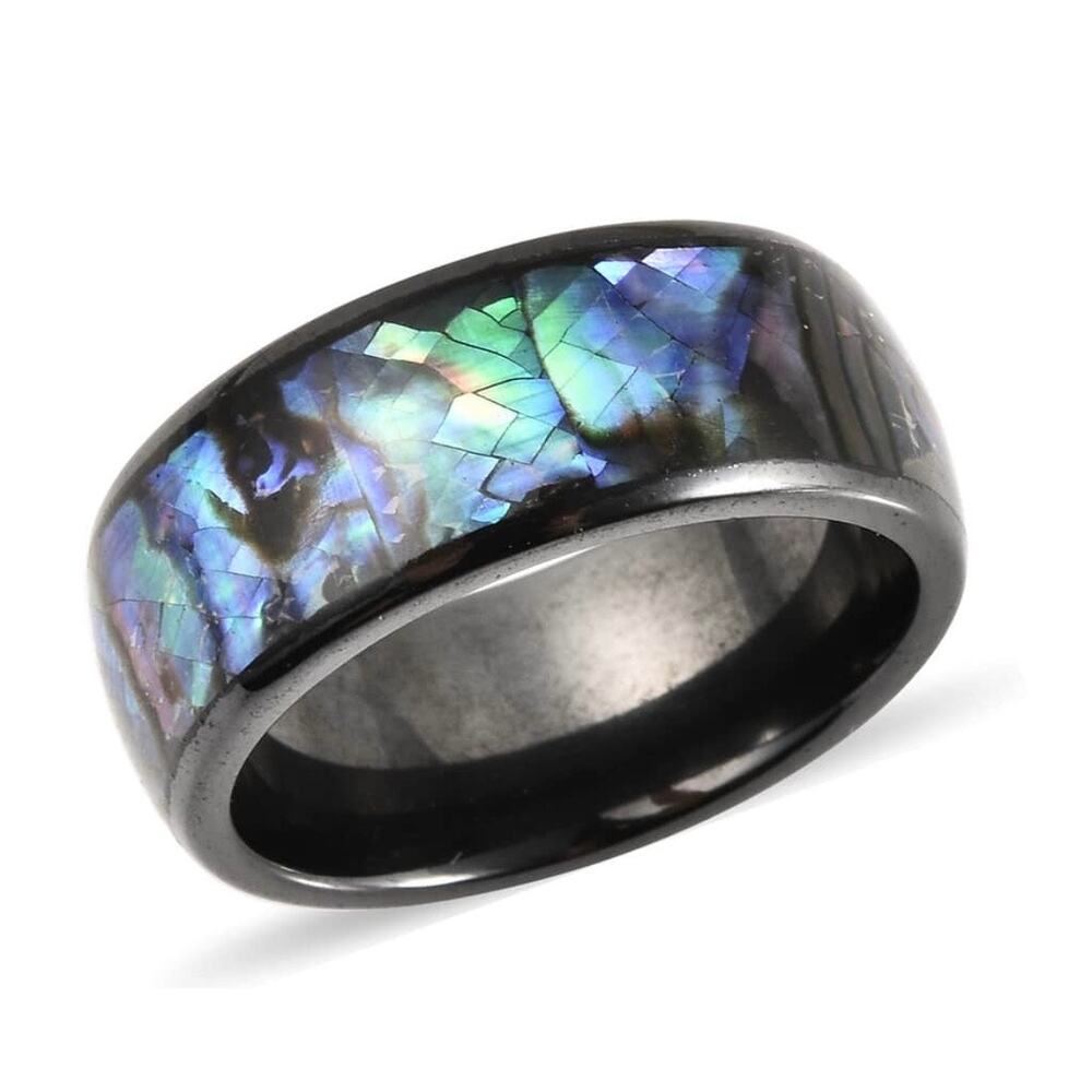 Unisex Abalone and Black Ceramic Ring in Stainless Steel Size 6.75